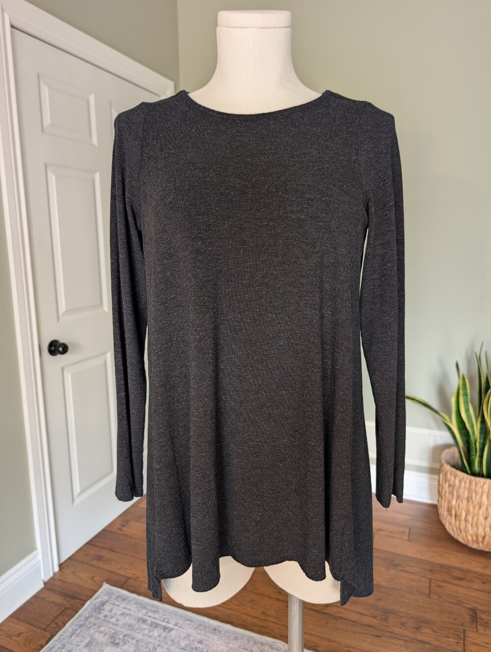Shannon Passero Dark Gray Tunic High Low Swing Top Lagenlook Boho Long Sleeve XS